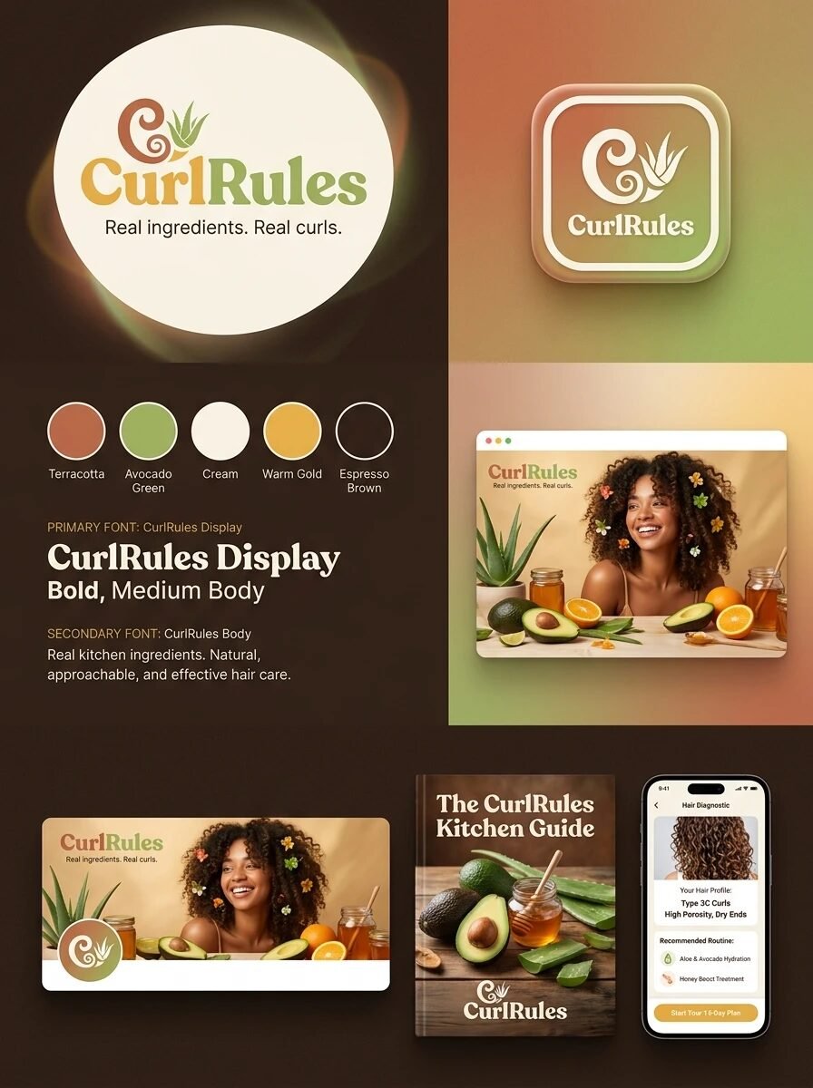 CurlRules brand concept: logo, colour palette, app icon and a hair diagnostic screen recommending a routine with aloe, avocado and honey