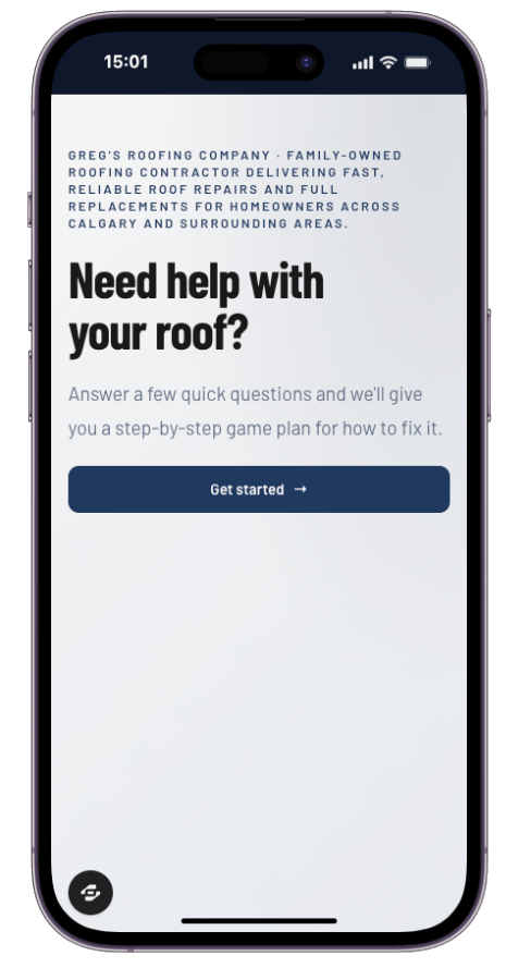Sample screen of the lead management app: a roofing company page asking if you need help with your roof, with a Get started button