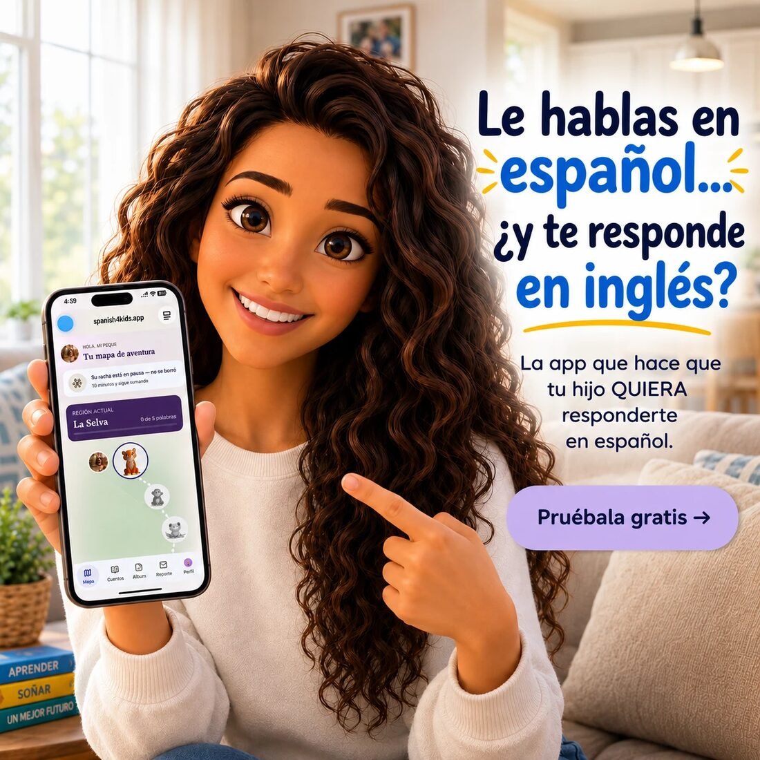 Spanish4Kids app on a phone showing the adventure map, with the headline asking why your child answers in English when you speak Spanish
