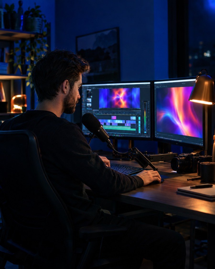 Content creator editing video in a home studio at night