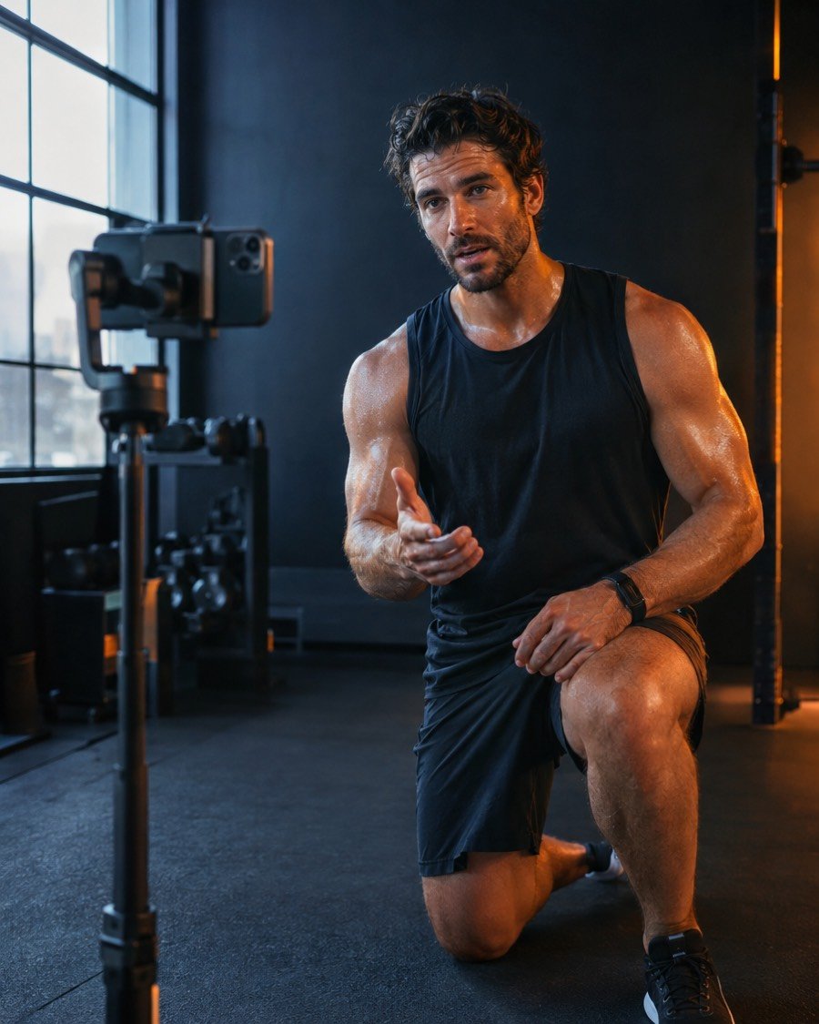 Fitness coach recording a workout tutorial on his phone