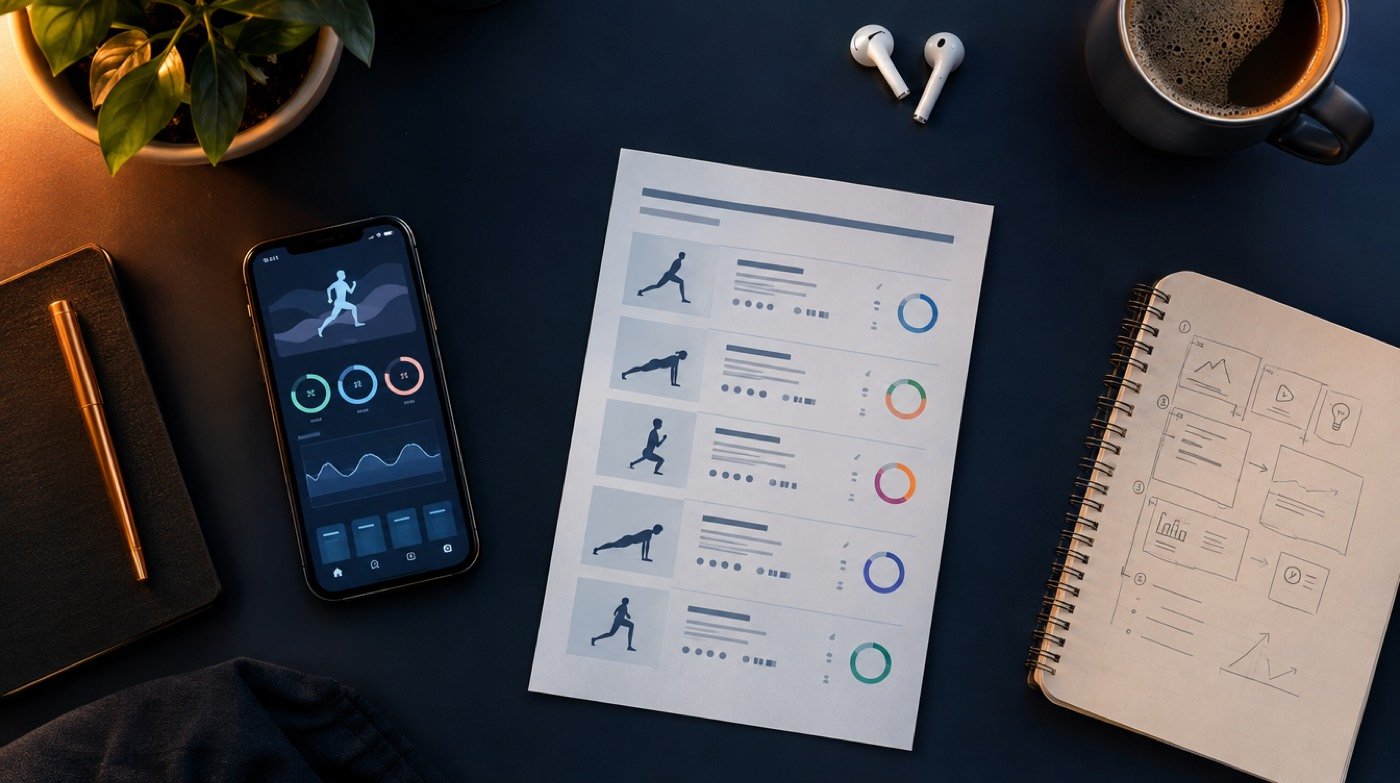 Creator products on a desk: a fitness app, a training plan and course notes